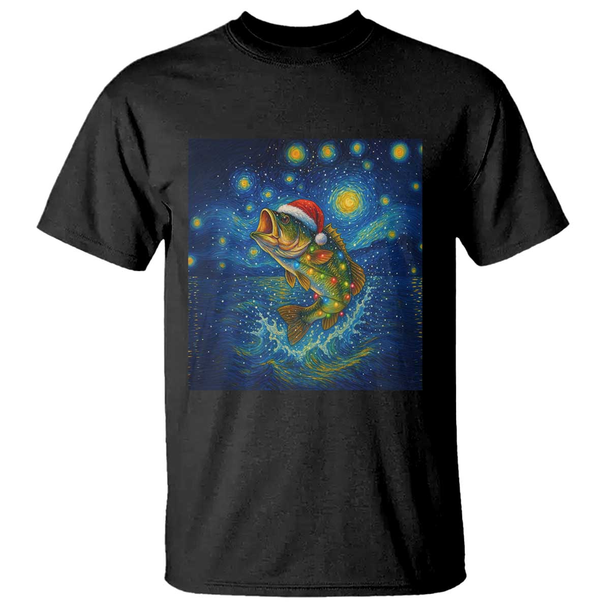 Bass Fish Christmas T Shirt Starry Night Fishing Van Gogh TS14 Black Print Your Wear