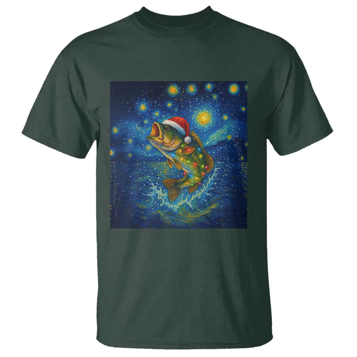 Bass Fish Christmas T Shirt Starry Night Fishing Van Gogh TS14 Dark Forest Green Print Your Wear