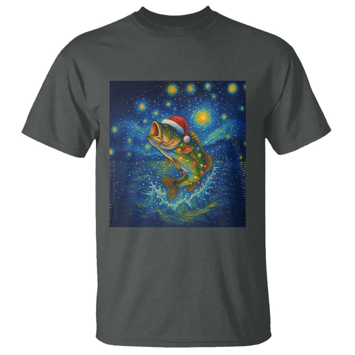Bass Fish Christmas T Shirt Starry Night Fishing Van Gogh TS14 Dark Heather Print Your Wear