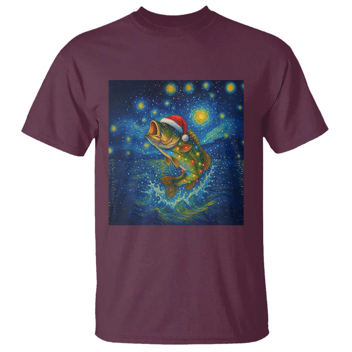 Bass Fish Christmas T Shirt Starry Night Fishing Van Gogh TS14 Maroon Print Your Wear