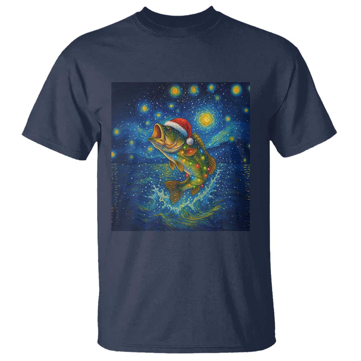 Bass Fish Christmas T Shirt Starry Night Fishing Van Gogh TS14 Navy Print Your Wear