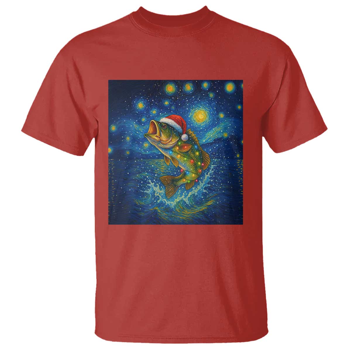 Bass Fish Christmas T Shirt Starry Night Fishing Van Gogh TS14 Red Print Your Wear