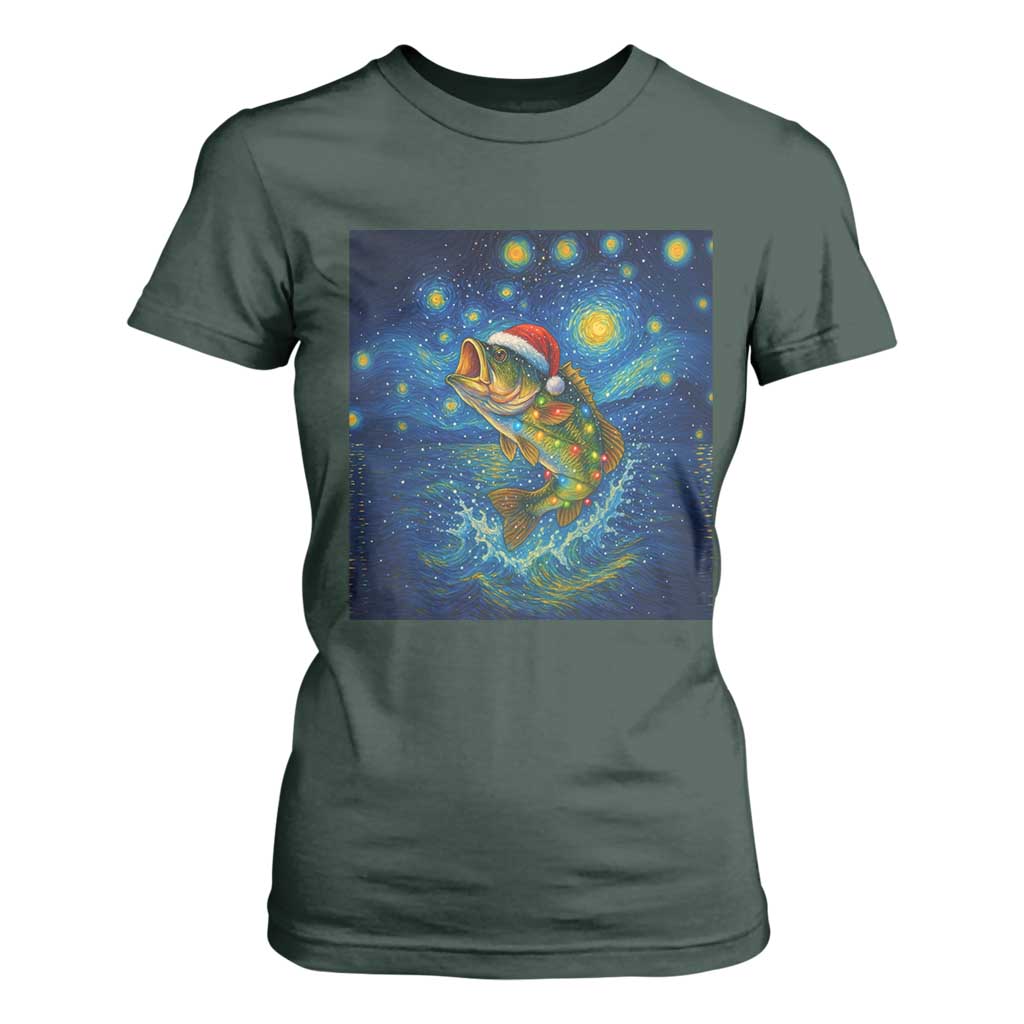 Bass Fish Christmas T Shirt For Women Starry Night Fishing Van Gogh TS14 Dark Forest Green Print Your Wear