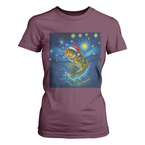 Bass Fish Christmas T Shirt For Women Starry Night Fishing Van Gogh TS14 Maroon Print Your Wear
