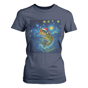 Bass Fish Christmas T Shirt For Women Starry Night Fishing Van Gogh TS14 Navy Print Your Wear