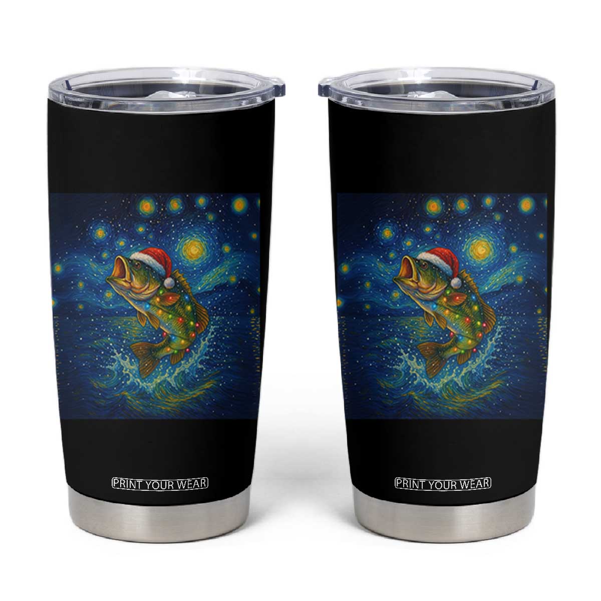 Bass Fish Christmas Tumbler Cup Starry Night Fishing Van Gogh TS14 Black Print Your Wear