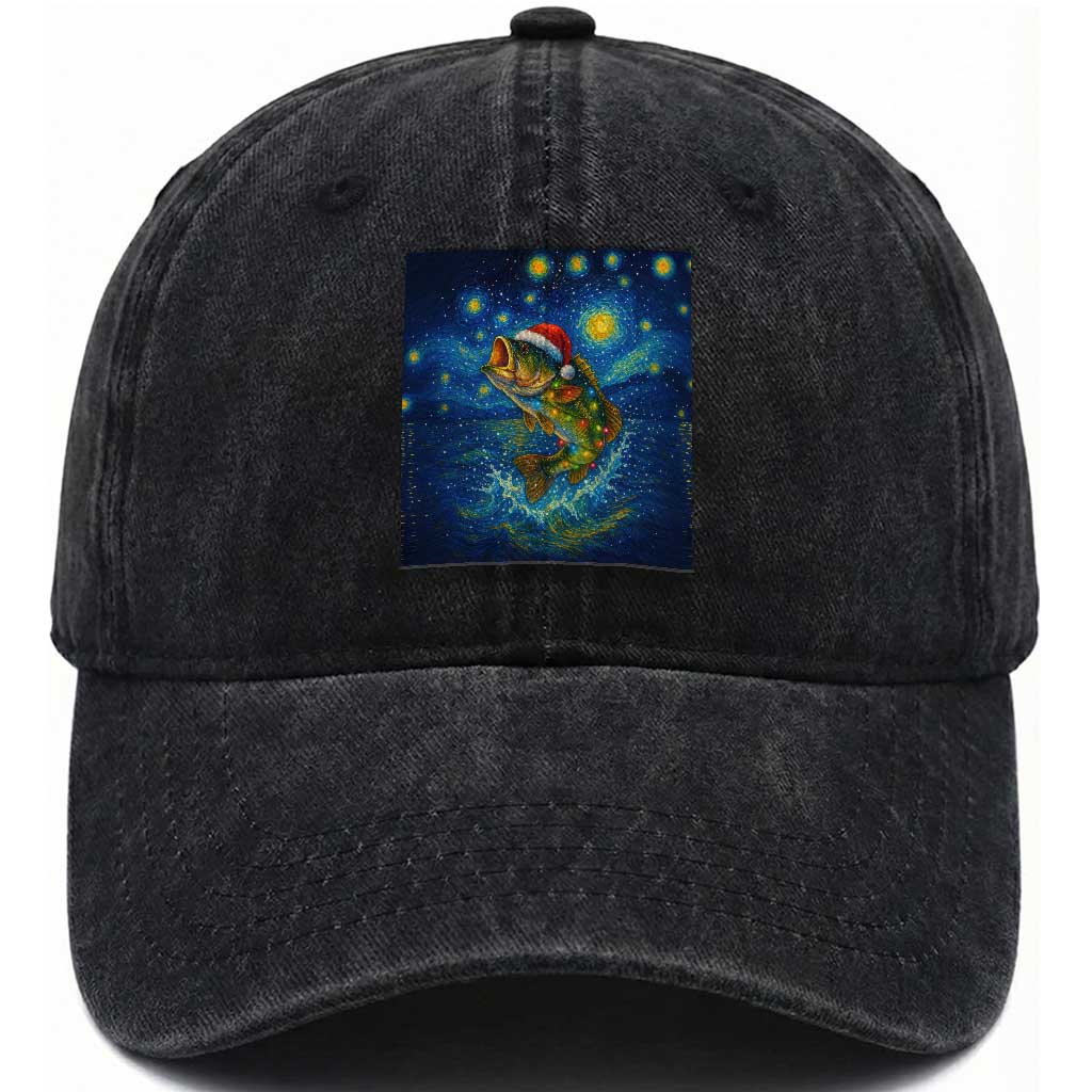 Bass Fish Christmas Washed Cotton Baseball Cap Starry Night Fishing Van Gogh TS14 Washed Cap Universal Fit Black Print Your Wear