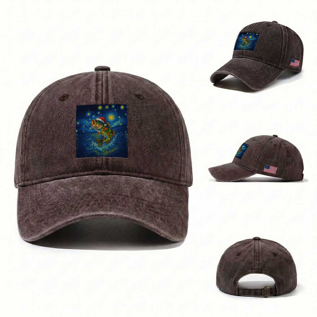 Bass Fish Christmas Washed Cotton Baseball Cap Starry Night Fishing Van Gogh TS14 Washed Cap Universal Fit Dark Brown Print Your Wear
