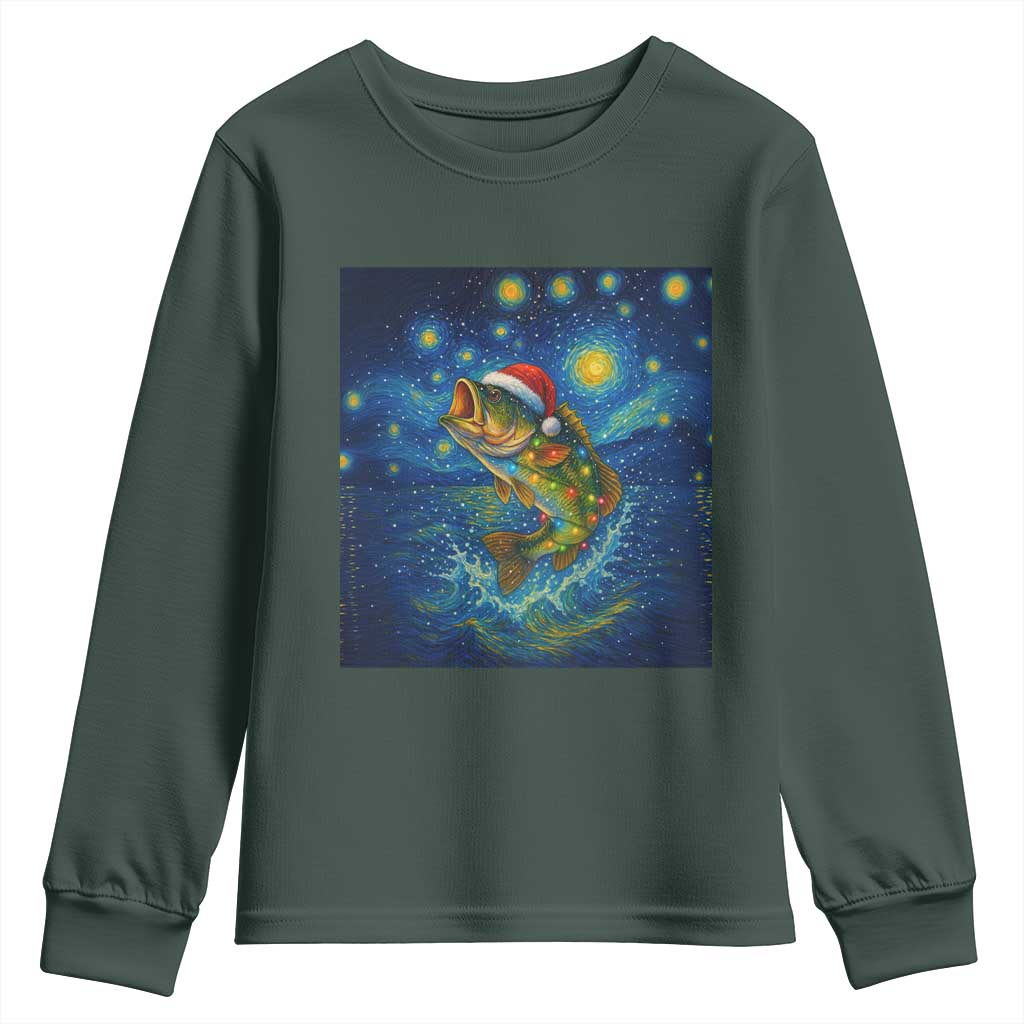 Bass Fish Christmas Youth Sweatshirt Starry Night Fishing Van Gogh TS14 Dark Forest Green Print Your Wear