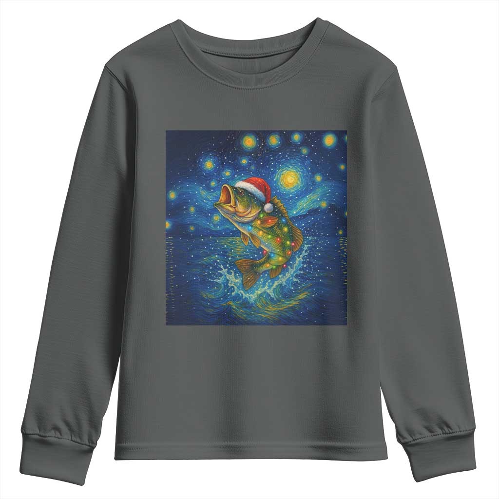 Bass Fish Christmas Youth Sweatshirt Starry Night Fishing Van Gogh TS14 Dark Heather Print Your Wear