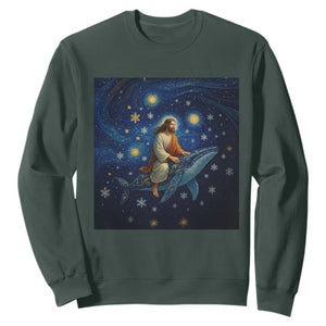 Jesus Christian Sweatshirt Stary Night Van Gogh Christmas TS14 Dark Forest Green Print Your Wear