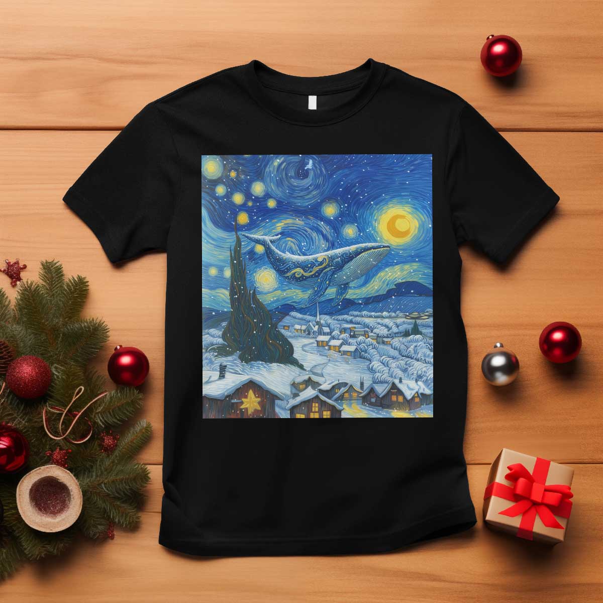 Whale Christmas T Shirt Stary Night Van Gogh Christmas TS14 Black Print Your Wear