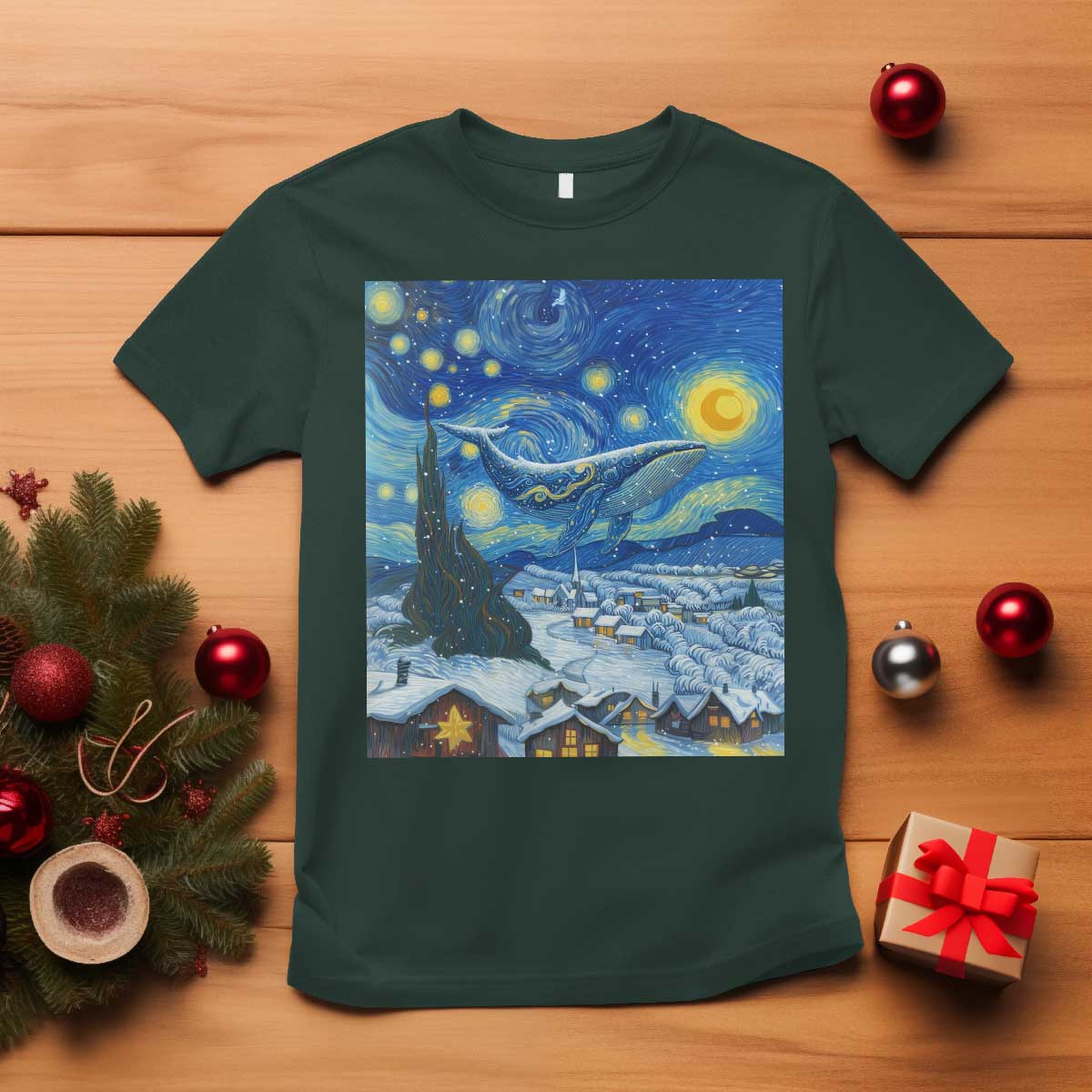 Whale Christmas T Shirt Stary Night Van Gogh Christmas TS14 Dark Forest Green Print Your Wear