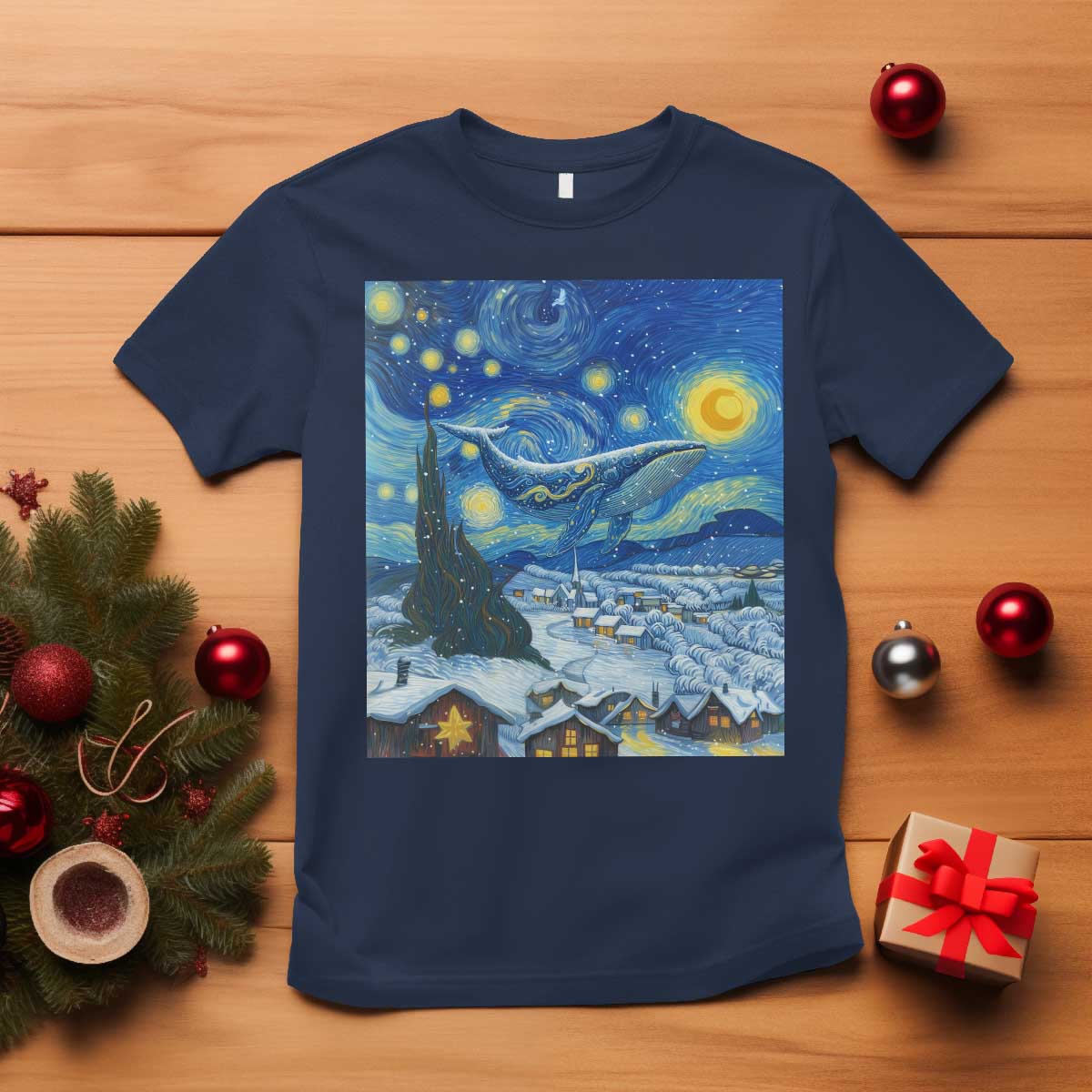 Whale Christmas T Shirt Stary Night Van Gogh Christmas TS14 Navy Print Your Wear