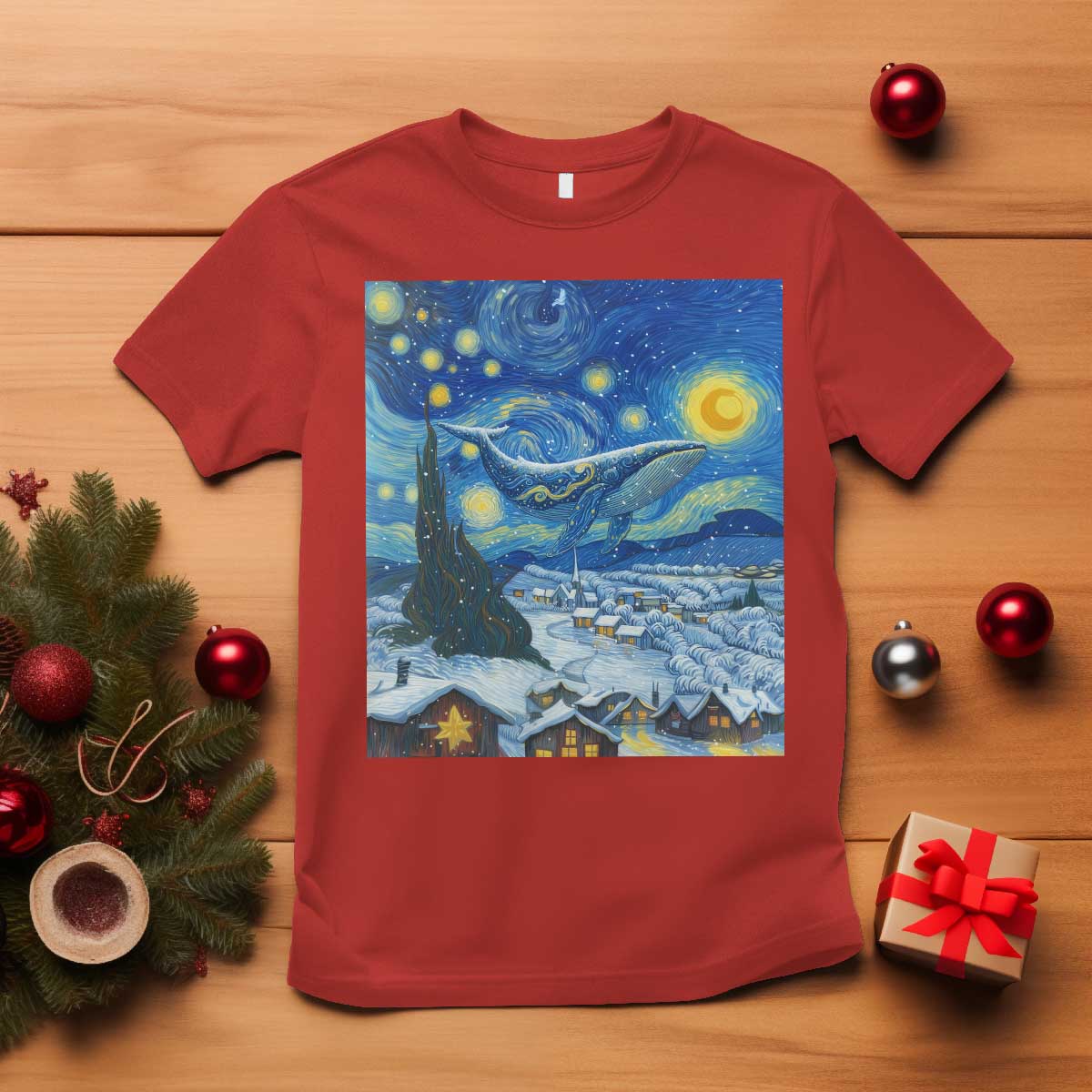 Whale Christmas T Shirt Stary Night Van Gogh Christmas TS14 Red Print Your Wear