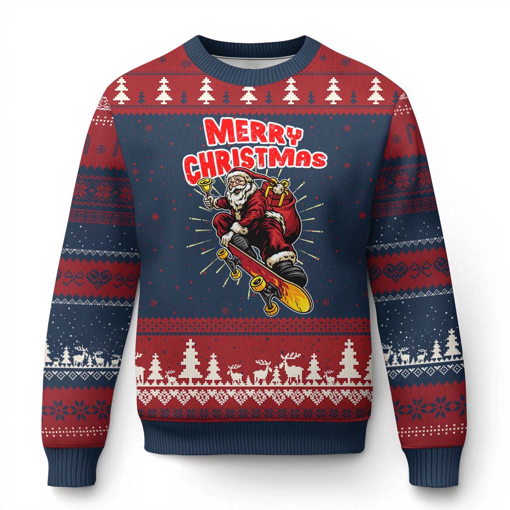 Santa Skateboarding Xmas Ugly Christmas Sweater Funny Skater Xmas TS14 Navy Red Print Your Wear