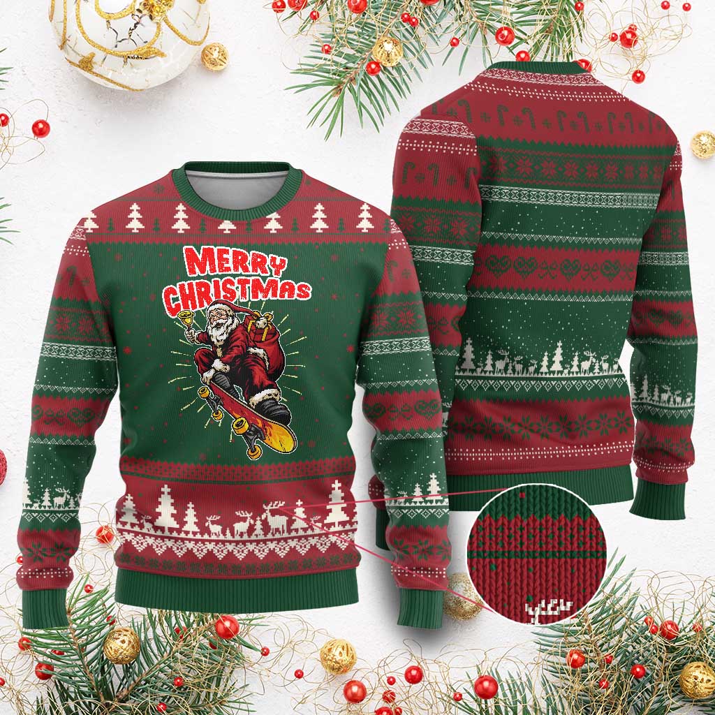 Santa Skateboarding Xmas Ugly Christmas Sweater Funny Skater Xmas TS14 Red Green Print Your Wear