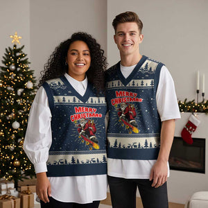 Santa Skateboarding Xmas V-Neck Knit Sweater Vest Funny Skater Xmas TS14 Navy Beige Print Your Wear