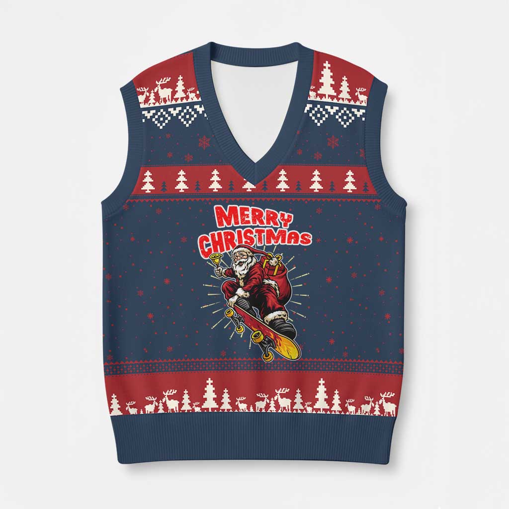Santa Skateboarding Xmas V-Neck Knit Sweater Vest Funny Skater Xmas TS14 Navy Red Print Your Wear