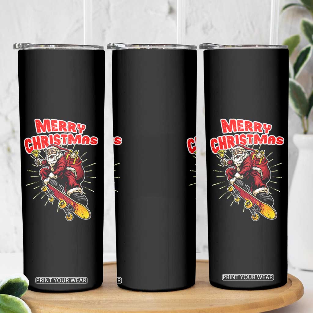 Santa Skateboarding Christmas Skinny Tumbler Funny Skater Xmas - Print Your Wear