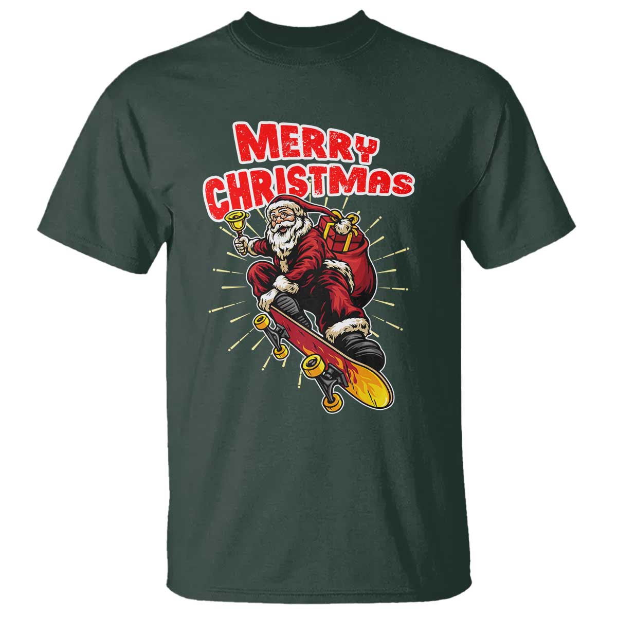 Santa Skateboarding Christmas T Shirt Funny Skater Xmas TS14 Dark Forest Green Print Your Wear