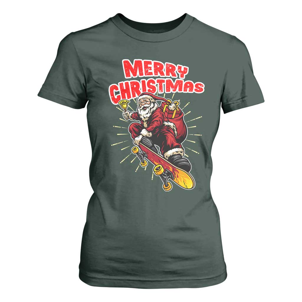 Santa Skateboarding Christmas T Shirt For Women Funny Skater Xmas TS14 Dark Forest Green Print Your Wear