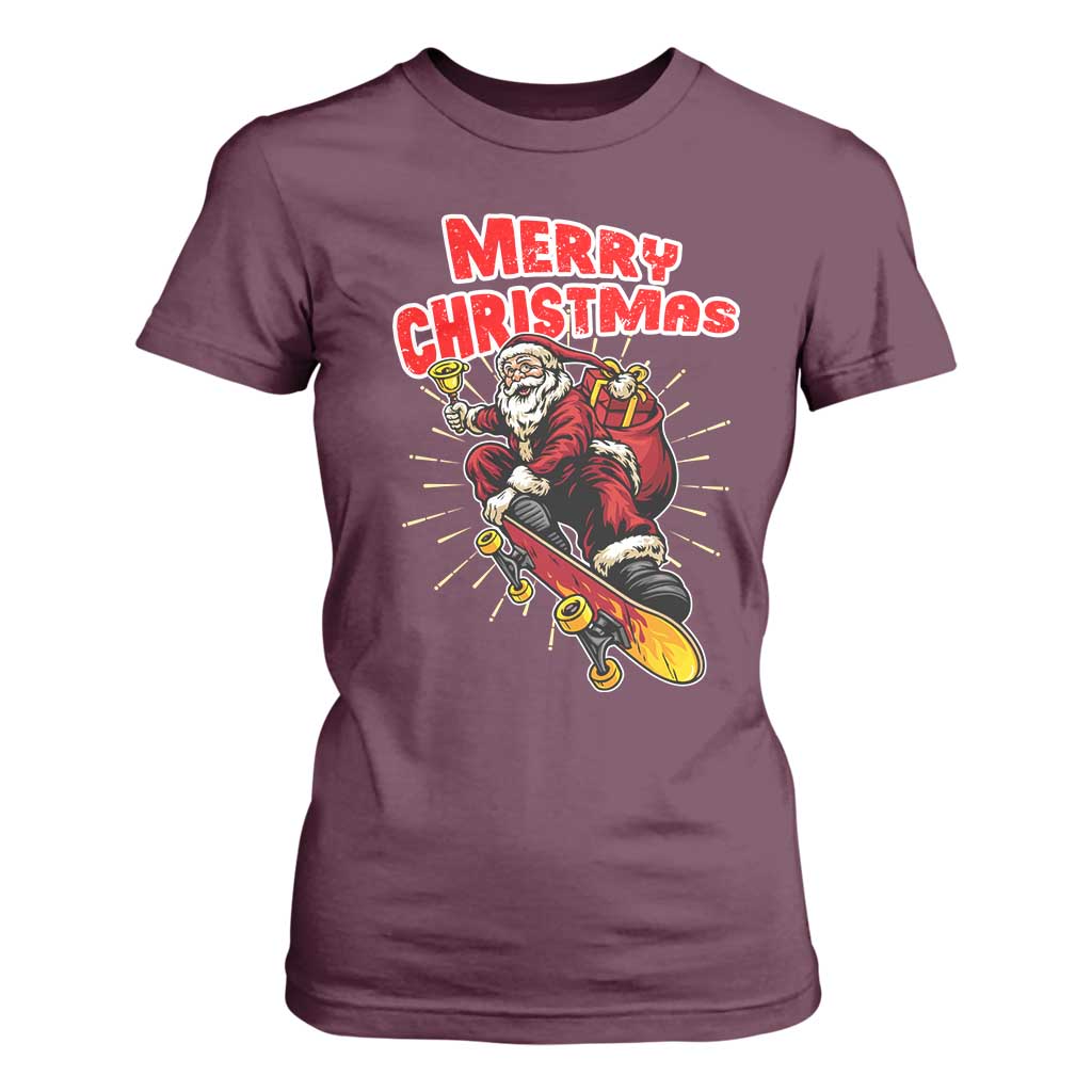 Santa Skateboarding Christmas T Shirt For Women Funny Skater Xmas TS14 Maroon Print Your Wear