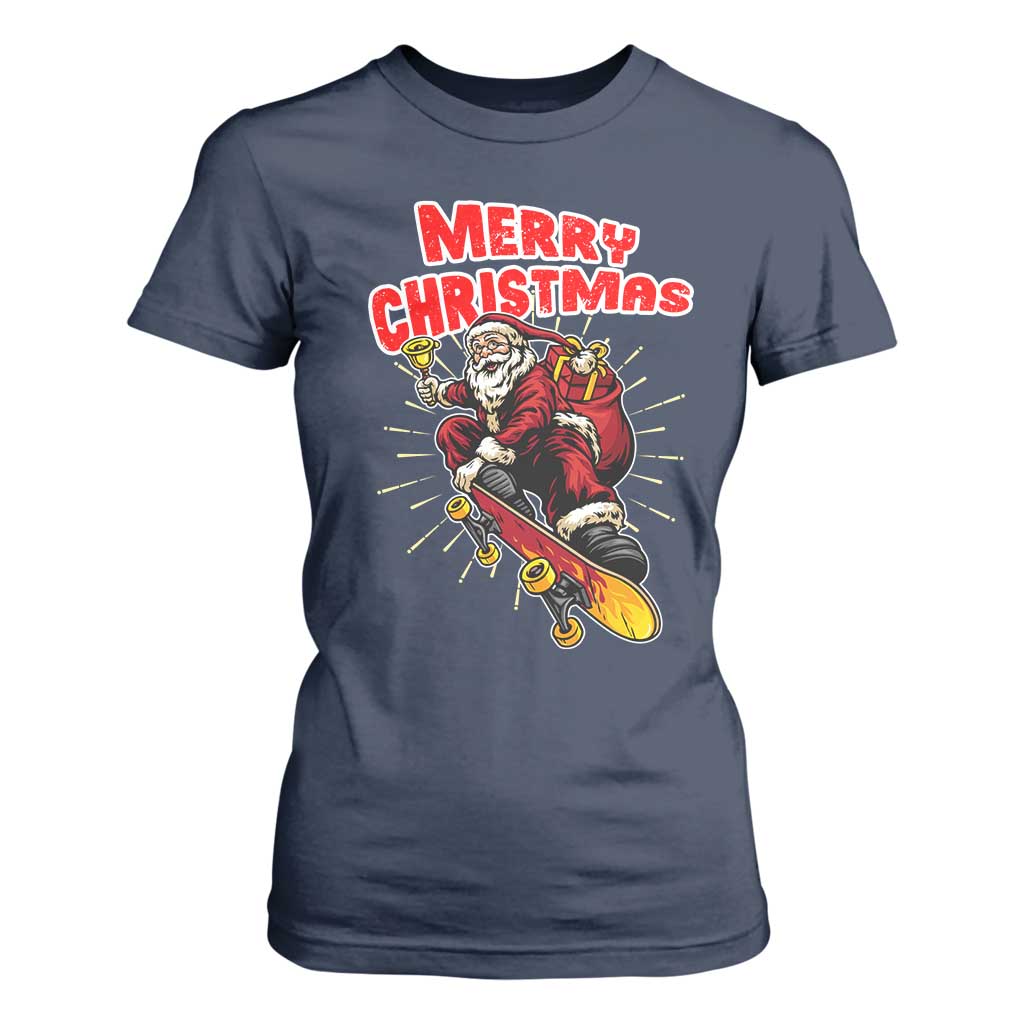 Santa Skateboarding Christmas T Shirt For Women Funny Skater Xmas TS14 Navy Print Your Wear