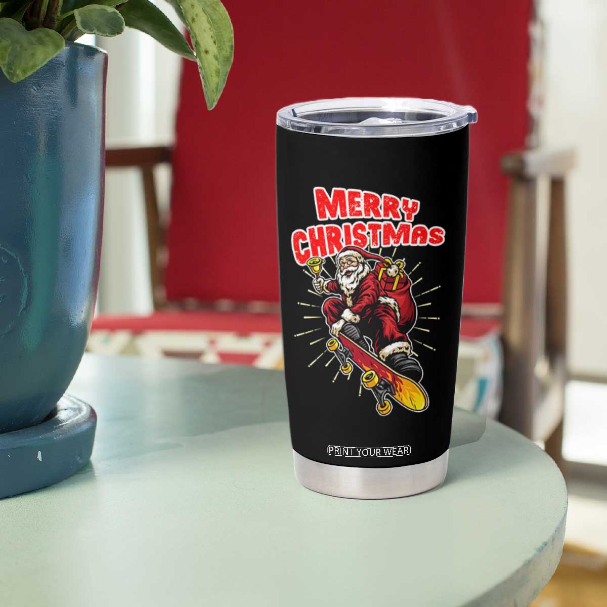 Santa Skateboarding Christmas Tumbler Cup Funny Skater Xmas - Print Your Wear