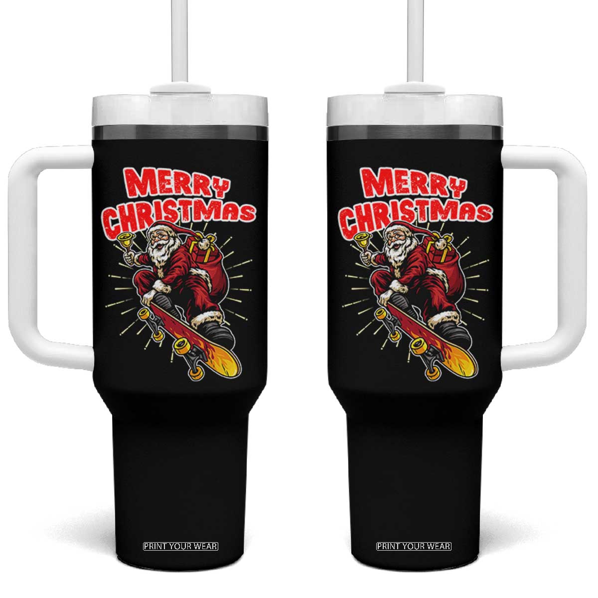 Santa Skateboarding Christmas Tumbler With Handle Funny Skater Xmas - Print Your Wear