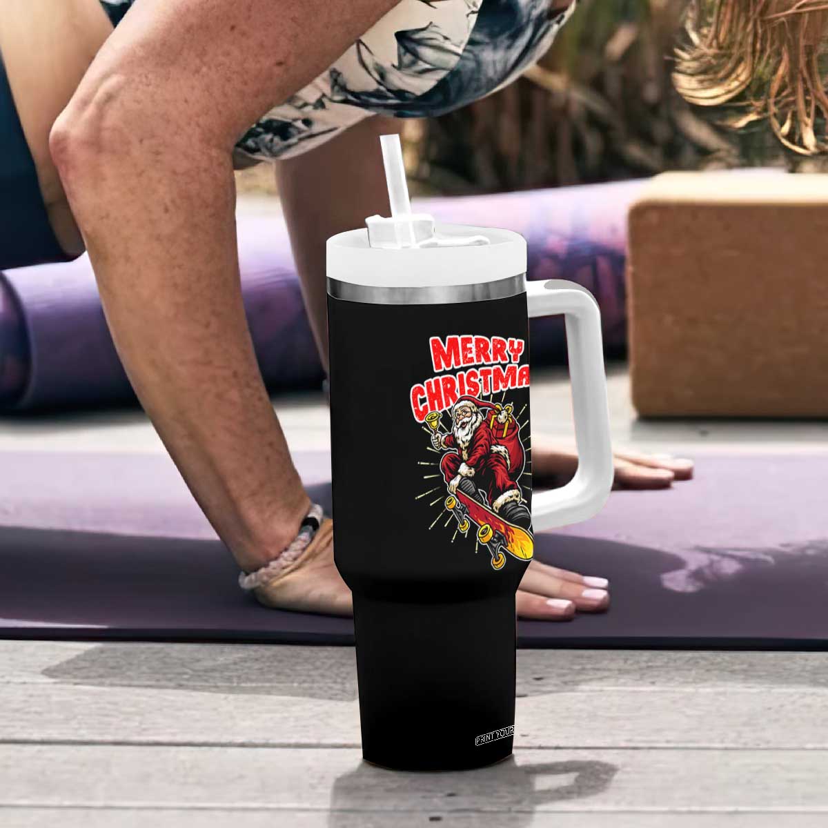 Santa Skateboarding Christmas Tumbler With Handle Funny Skater Xmas TS14 Print Your Wear