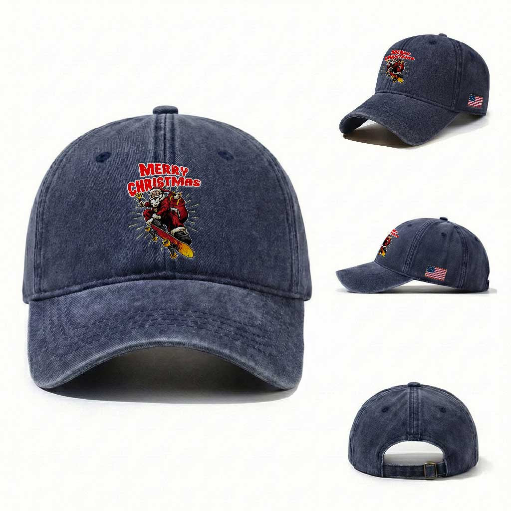 Santa Skateboarding Christmas Washed Cotton Baseball Cap Funny Skater Xmas TS14 Washed Cap Universal Fit Navy Print Your Wear