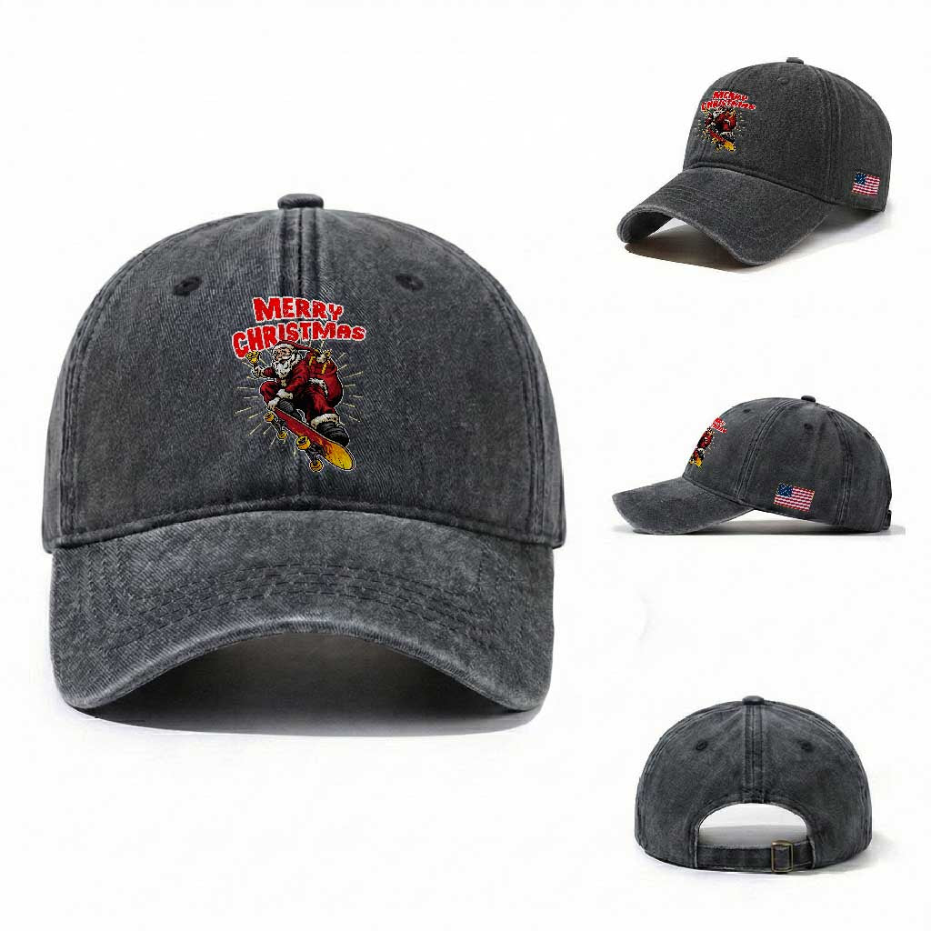 Santa Skateboarding Christmas Washed Cotton Baseball Cap Funny Skater Xmas TS14 Washed Cap Universal Fit Dark Gray Print Your Wear