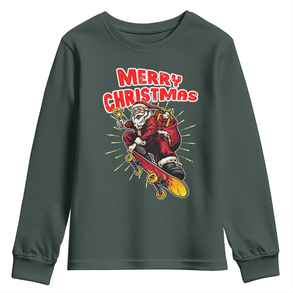 Santa Skateboarding Christmas Youth Sweatshirt Funny Skater Xmas TS14 Dark Forest Green Print Your Wear
