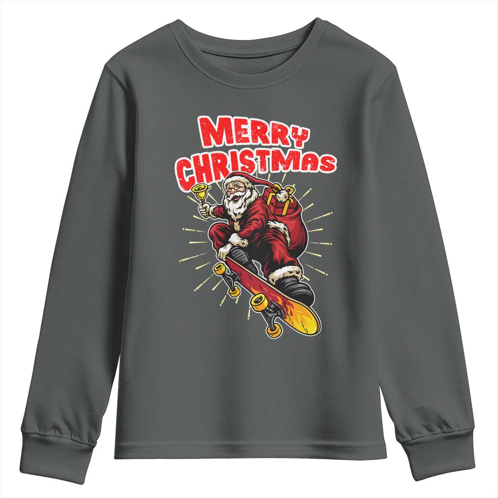 Santa Skateboarding Christmas Youth Sweatshirt Funny Skater Xmas TS14 Dark Heather Print Your Wear