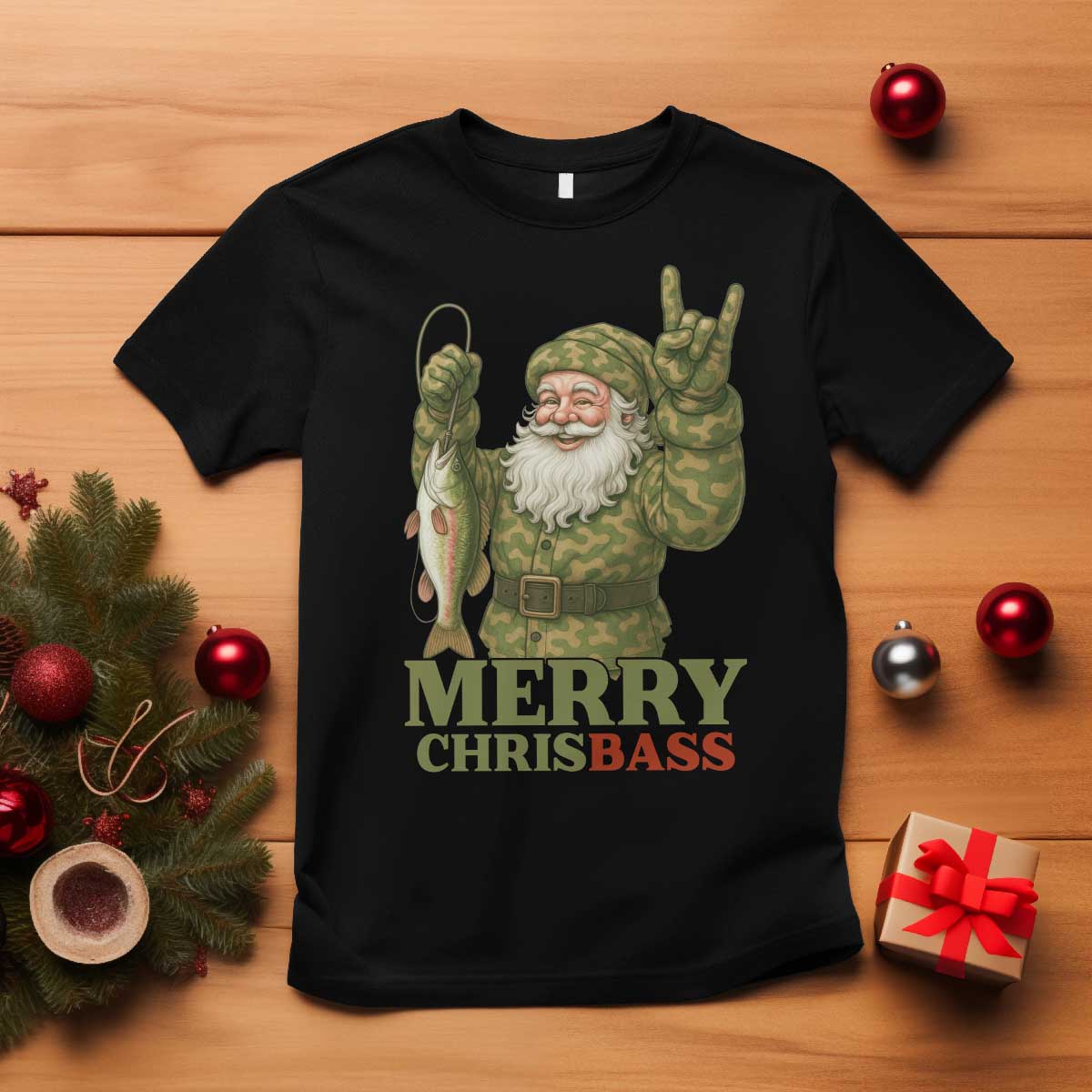 Funny Santa Camo Fishing T Shirt Merry Chrisbass TS14 Black Print Your Wear