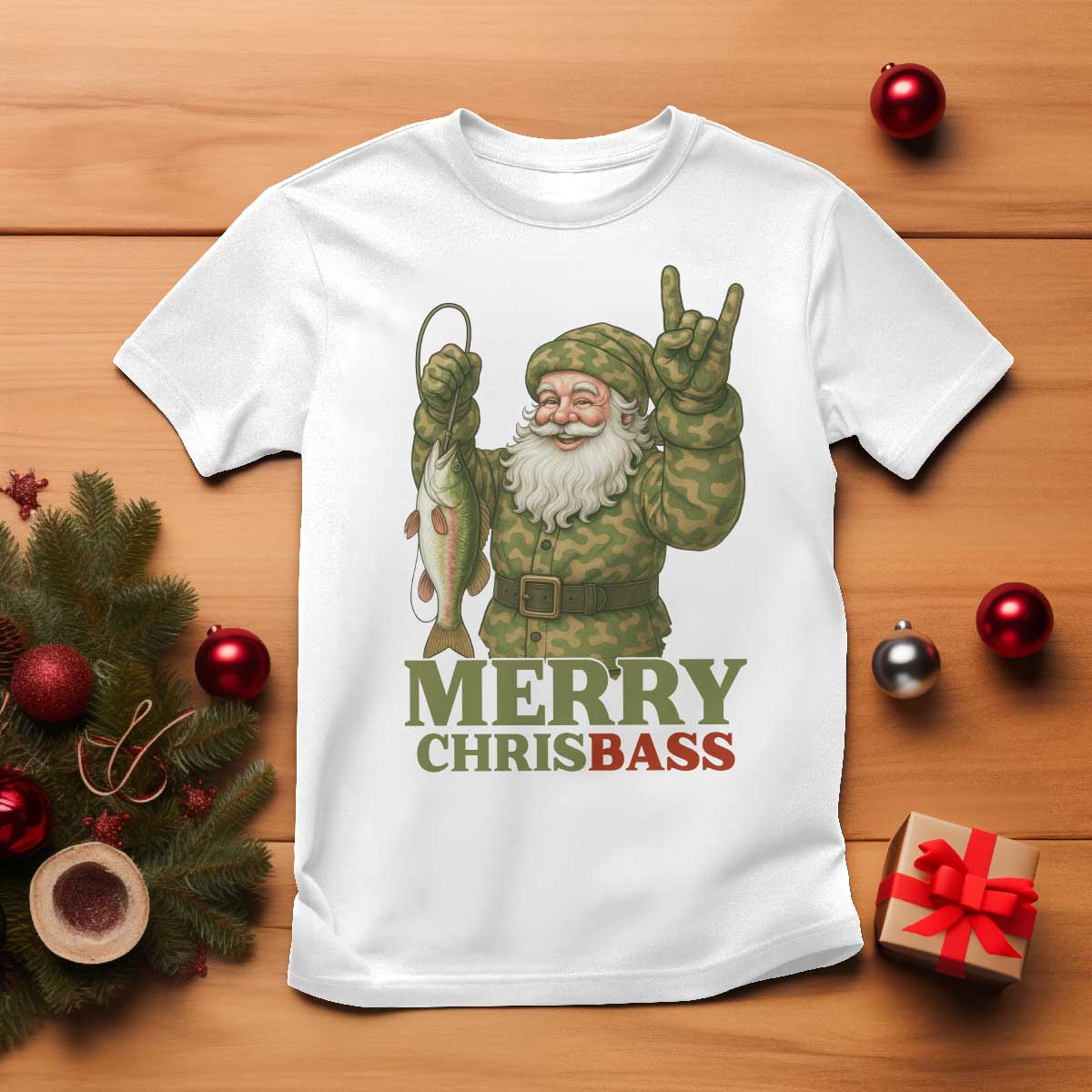 Funny Santa Camo Fishing T Shirt Merry Chrisbass TS14 White Print Your Wear