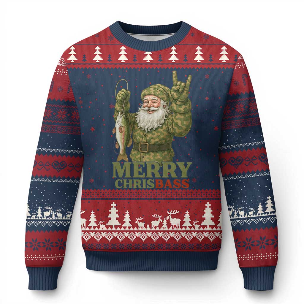 Funny Santa Camo Fishing Ugly Christmas Sweater Merry Chrisbass TS14 Navy Red Print Your Wear