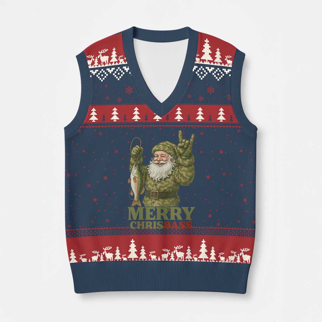 Funny Santa Camo Fishing V-Neck Knit Sweater Vest Merry Chrisbass TS14 Navy Red Print Your Wear