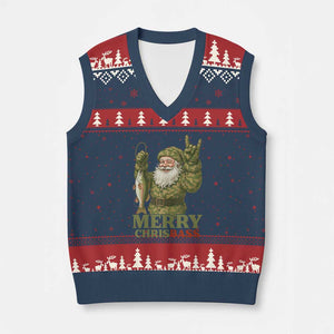 Funny Santa Camo Fishing V-Neck Knit Sweater Vest Merry Chrisbass TS14 Navy Red Print Your Wear