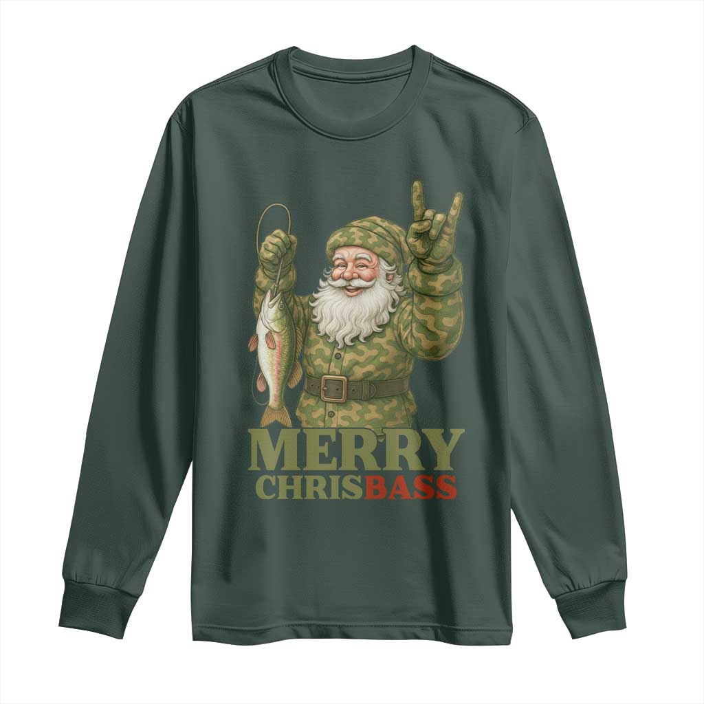 Funny Santa Camo Fishing Long Sleeve Shirt Merry Chrisbass TS14 Dark Forest Green Print Your Wear