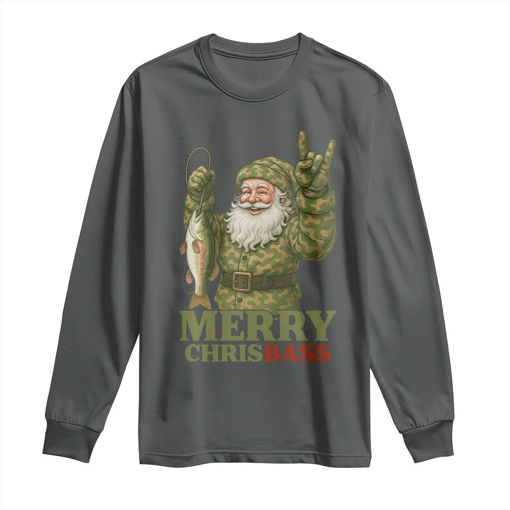 Funny Santa Camo Fishing Long Sleeve Shirt Merry Chrisbass TS14 Dark Heather Print Your Wear
