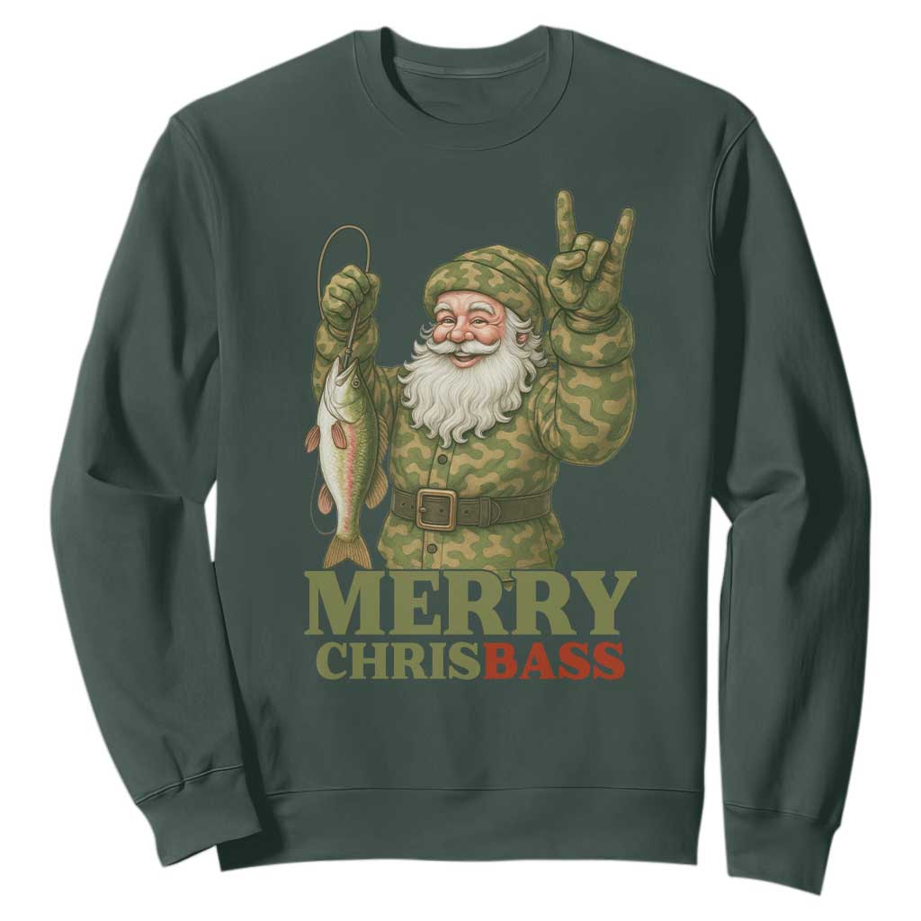 Funny Santa Camo Fishing Sweatshirt Merry Chrisbass TS14 Dark Forest Green Print Your Wear