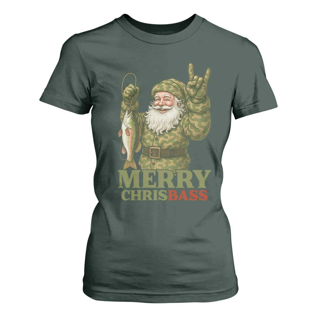 Funny Santa Camo Fishing T Shirt For Women Merry Chrisbass TS14 Dark Forest Green Print Your Wear