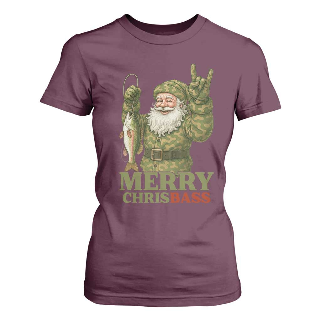 Funny Santa Camo Fishing T Shirt For Women Merry Chrisbass TS14 Maroon Print Your Wear