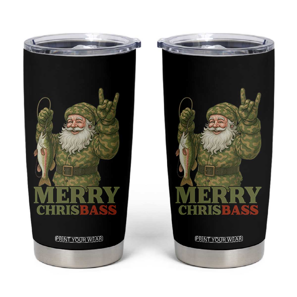 Funny Santa Camo Fishing Tumbler Cup Merry Chrisbass TS14 Black Print Your Wear