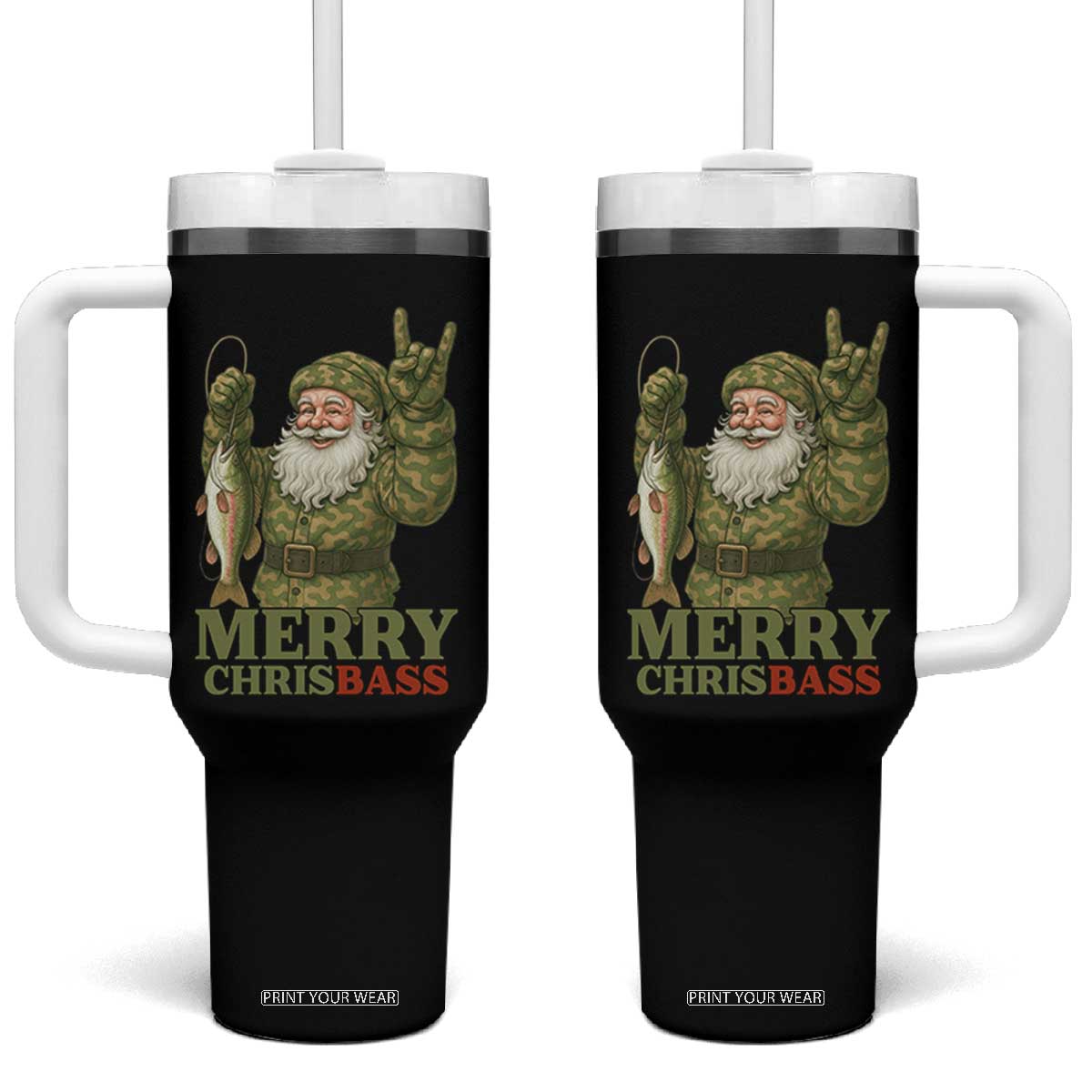 Funny Santa Camo Fishing Tumbler With Handle Merry Chrisbass TS14 One Size: 40 oz Black Print Your Wear