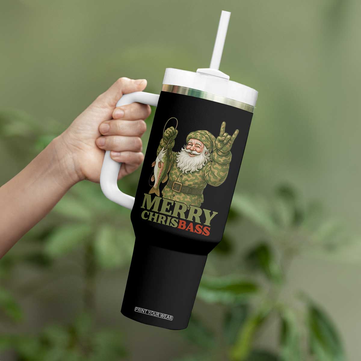 Funny Santa Camo Fishing Tumbler With Handle Merry Chrisbass TS14 Print Your Wear