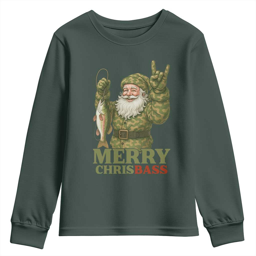 Funny Santa Camo Fishing Youth Sweatshirt Merry Chrisbass TS14 Dark Forest Green Print Your Wear