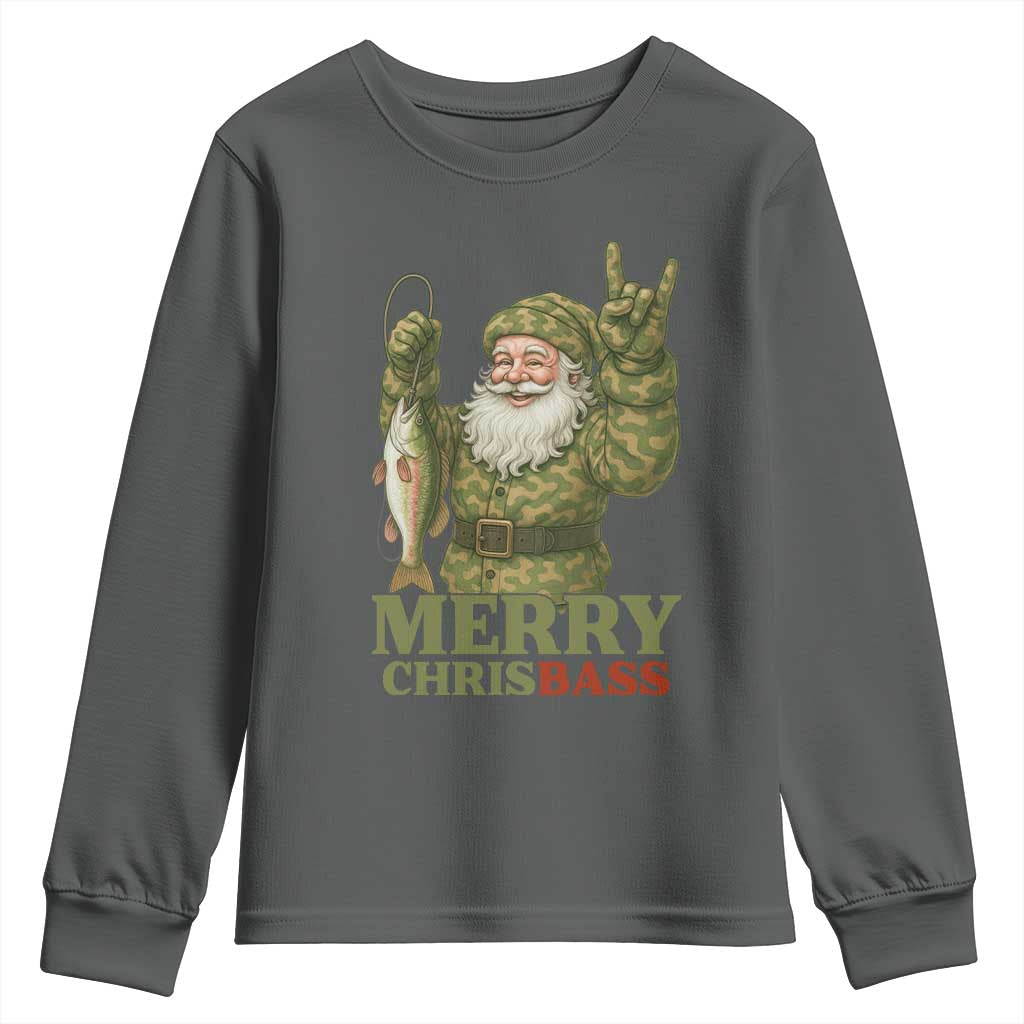 Funny Santa Camo Fishing Youth Sweatshirt Merry Chrisbass TS14 Dark Heather Print Your Wear
